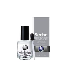 0.5-ounce Seche Restore thinner capped glass bottle along side its box and dropper applicator