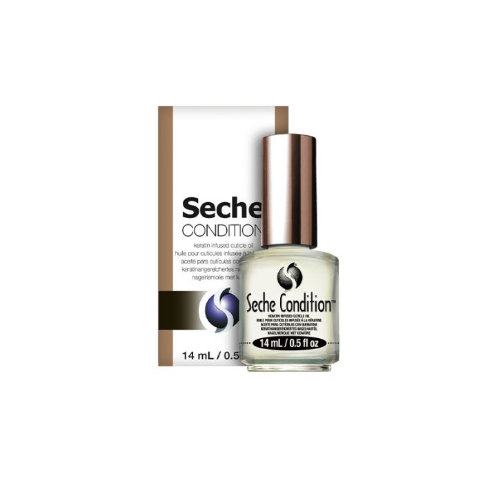 Capped 0.5-ounce bottle of Seche Condition Keratin-Infused Cuticle Oil in front of its retail packaging