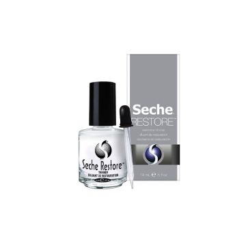 0.5-ounce Seche Restore thinner capped glass bottle along side its box and dropper applicator