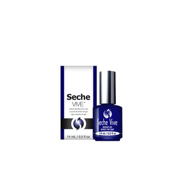 0.5-ounce Seche Vive instant gel top coat pack and capped bottle in an expansive view alongside its retail pack
